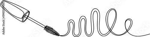 Continuous line drawing of a mascara wand pulling a black wavy line and looping patterns