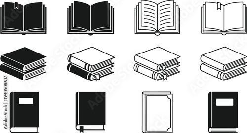 Vector book icon set featuring open closed stacked designs in solid black and outline styles for education and library projects