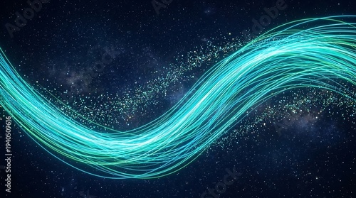 Glowing teal lines wave through space with particles