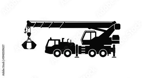 A stark black silhouette depicts a mobile crane with an extended boom and grappling hook silhouette high quality professional detailed modern