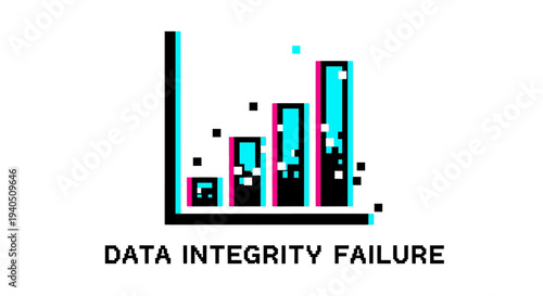 Data integrity failure concept with glitch effect on rising bar chart and pixelated dots
