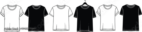 Vector Set of Black and White T-Shirt Mockups Featuring Realistic Fabric Folds Rolled Sleeves and Isolated Clothing Templates for Design