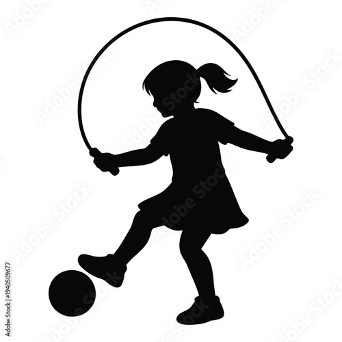 Silhouette of a young girl jumping rope with a ball at her feet, isolated on white background