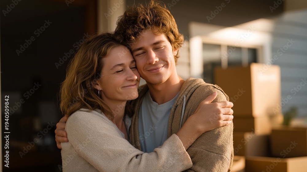 Fototapeta premium Mother and adult son embracing on front porch after estrangement, moving boxes visible inside doorway, tentative reconciliation, late afternoon shadows, perfect for family healing keywords, and