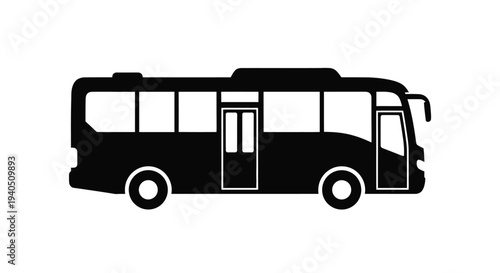 A simple black silhouette of a passenger bus on a white background