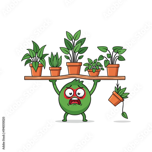 Stressed Green Character Struggling to Hold Shelf of Potted Plants