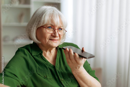 Tableau sur toile Senior woman speaking to smartphone using voice message or speakerphone at home