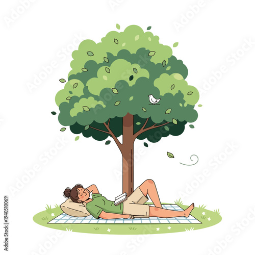 Woman relaxing under a tree, reading a book, enjoying nature