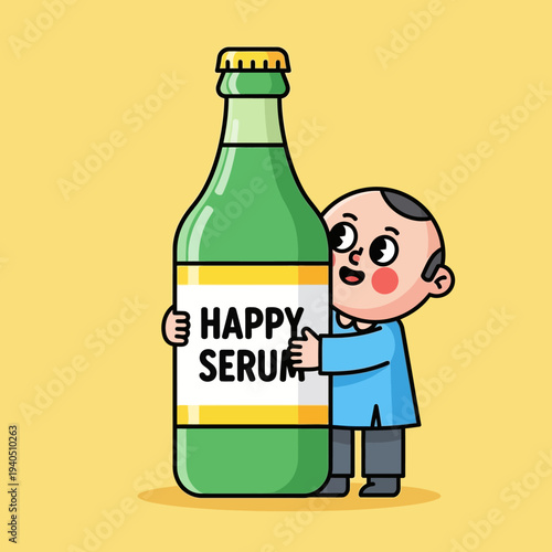 Happy Man Hugging Giant Bottle of Happy Serum, Joyful Concept