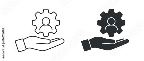 Human resources icon set, employee management gear with hand support symbol, in outline and solid silhouette style. Vector illustration.