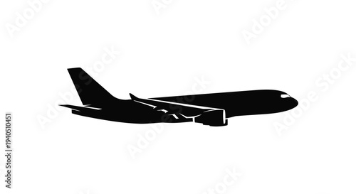 A stark black silhouette of a commercial passenger airplane in flight against a plain white background silhouette high quality professional detailed