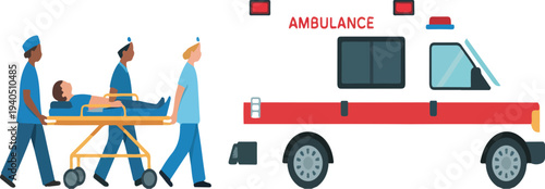 Emergency Medical Team Transporting Patient to Ambulance with Stretcher for Hospital Rescue and Healthcare Vector Illustration