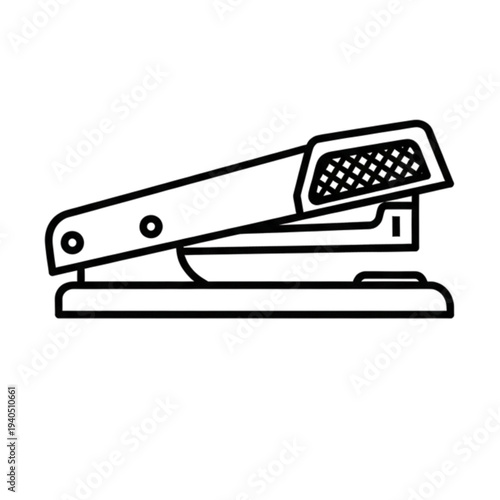 A black and white line art illustration of a stapler, commonly used in offices for fastening documents.