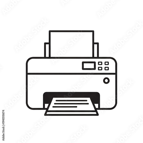 Line art icon of a modern office printer with paper loaded and a document being printed, representing printing technology and document output.