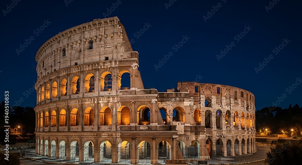 Obraz premium A grand ancient amphitheater is bathed in warm light against a dark blue evening sky. The structure displays intricate architectural details