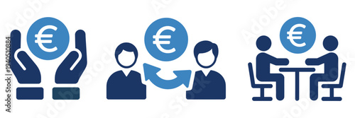 Euro coin and money exchange meeting icons in blue. Flat vector icon representing financial planning, money transactions, Euro currency exchange, corporate meetings, and business finance