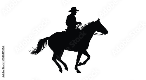 A cowboy riding a horse depicted in a striking black silhouette