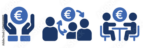Euro coin and money exchange meeting icons in blue. Vector illustrations of financial and business concepts, including currency exchange, banking discussions, European Euro transactions, and 