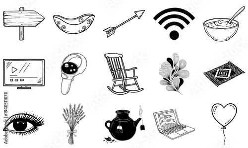 Black and white line bundle line isolated cutout transparent background