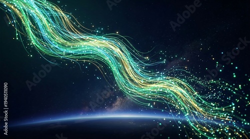 Glowing fibers flow above planet Earth in space