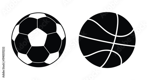 Two sports balls a soccer ball and a basketball silhouette