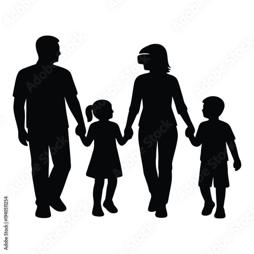 Silhouette of a family walking hand-in-hand, parents and two children, isolated on white