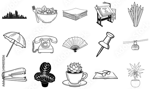 Black and white line of office and daily life office supplies