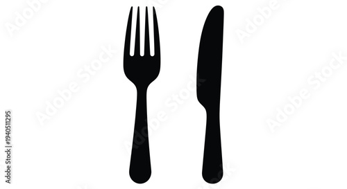 Black fork and knife set against a white background silhouette