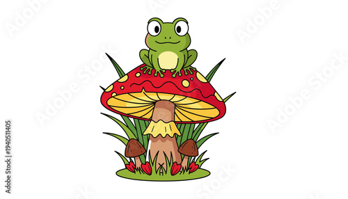 Professional Cartoon Frog Vector Illustration Sitting on a Large Red Spotted Amanita Mushroom in the Grass for Childrens Books and Nature Education Graphic Designs