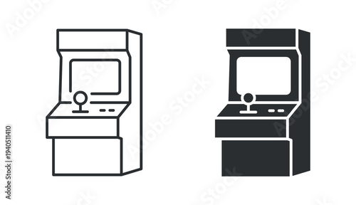 Arcade game machine icon set, retro video game cabinet entertainment symbol, outline and solid silhouette style. Vector illustration.
