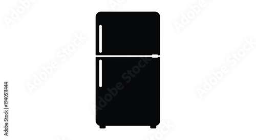 A modern black refrigerator stands isolated in a minimalist style silhouette