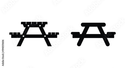 Two black picnic tables are shown in a minimalist silhouette