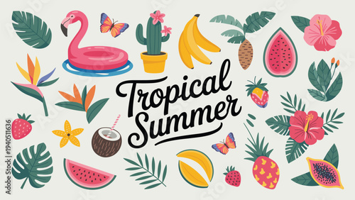 Tropical summer text surrounded by fruits flowers and flamingo float 1