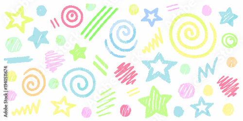 Colorful crayon doodles and shapes scattered across a white background