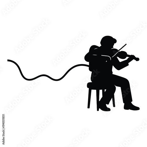 Silhouette of a man playing the violin while seated on a stool