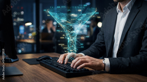 Protection of users’ personal information. Secure customer data management. Businessman using laptop computer with information security system.