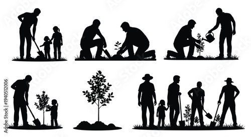 Gardeners tending to plants and trees in a black silhouette