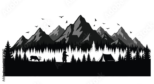 Mountain landscape with deer camper and a person a striking silhouette