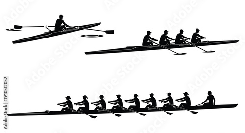 A dynamic depiction of rowing crews in action showcasing synchronized movement and athletic prowess silhouette high quality professional detailed modern