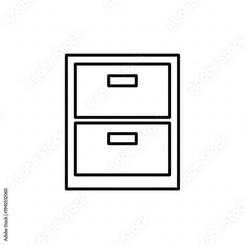 Simple line art icon of a two-drawer filing cabinet for office organization and document storage.