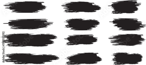 Set of 12 black brush stroke vector graphics