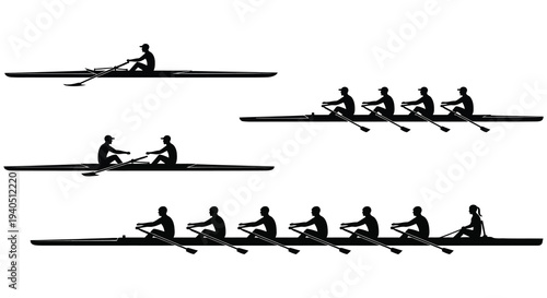 A depiction of rowers in various boat sizes showcasing a minimalist black and white style silhouette high quality professional detailed modern