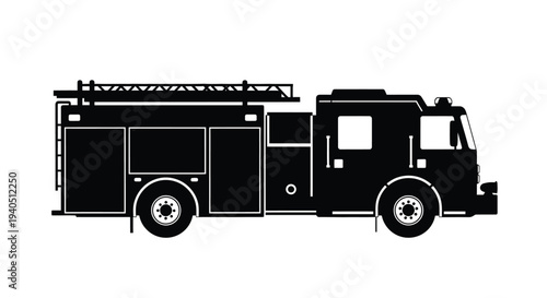 Detailed black silhouette of a fire engine side view silhouette