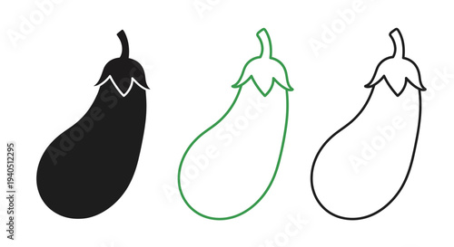 Three eggplant illustrations filled outlined and a black silhouette