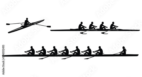 A striking black and white depiction of rowing crews in action showcasing dynamic movement and form silhouette high quality professional detailed