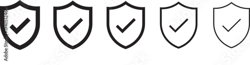 Shield check mark icon set security protection verification safety approval black and white. security icon with check mark and lock sign
