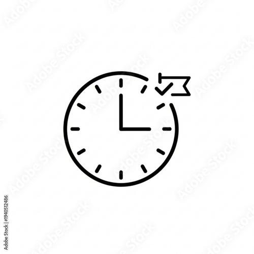 A line art icon of a clock with a flag and checkmark, symbolizing task completion or a deadline met.