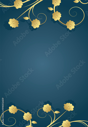 Elegant Blue Floral Frame Background with Golden Flowers and Decorative Swirls