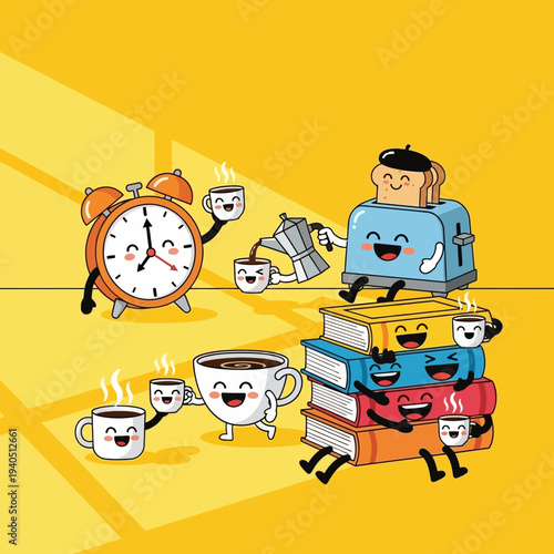 Cute cartoon alarm clock, coffee cups, and toaster characters enjoying a morning breakfast and coffee.