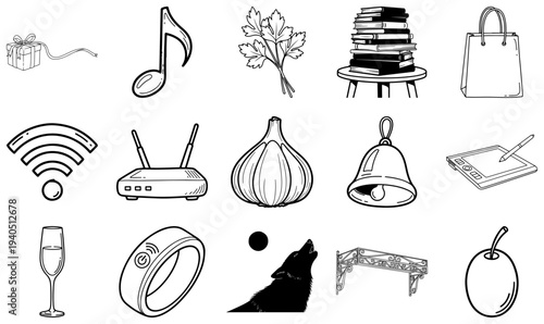 Black and white line of various gift music note herbs